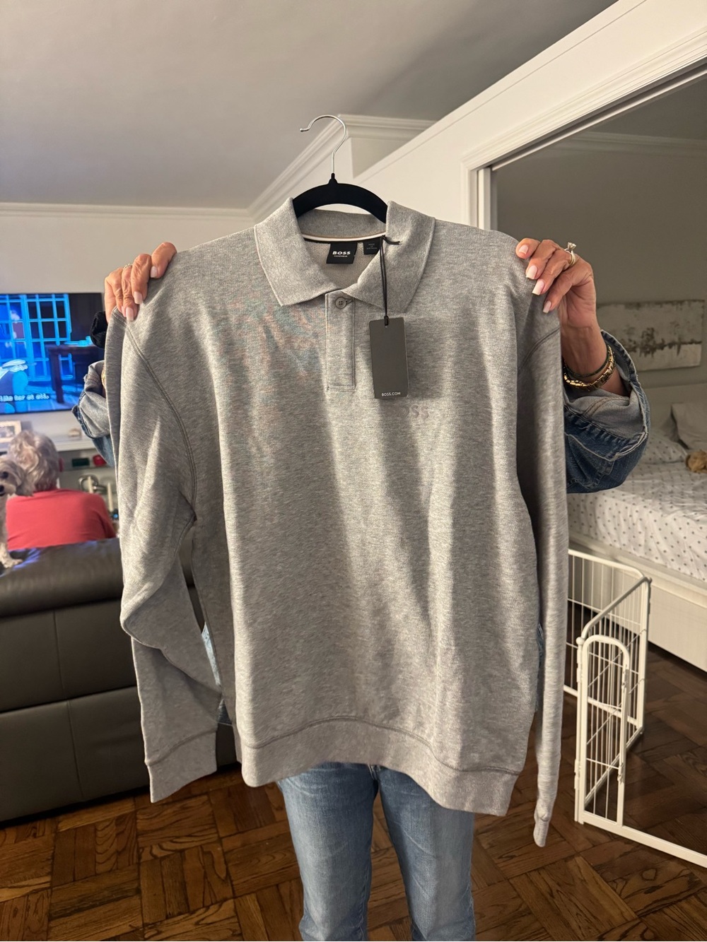 BOSS Men's Light Grey Polo-Collar Long Sleeve Sweater